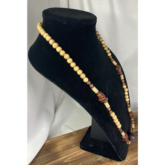 Vintage Ethnic Boho Wood & Jasper Beaded Necklace 29.5” L Signed Kim - Picture 2 of 7